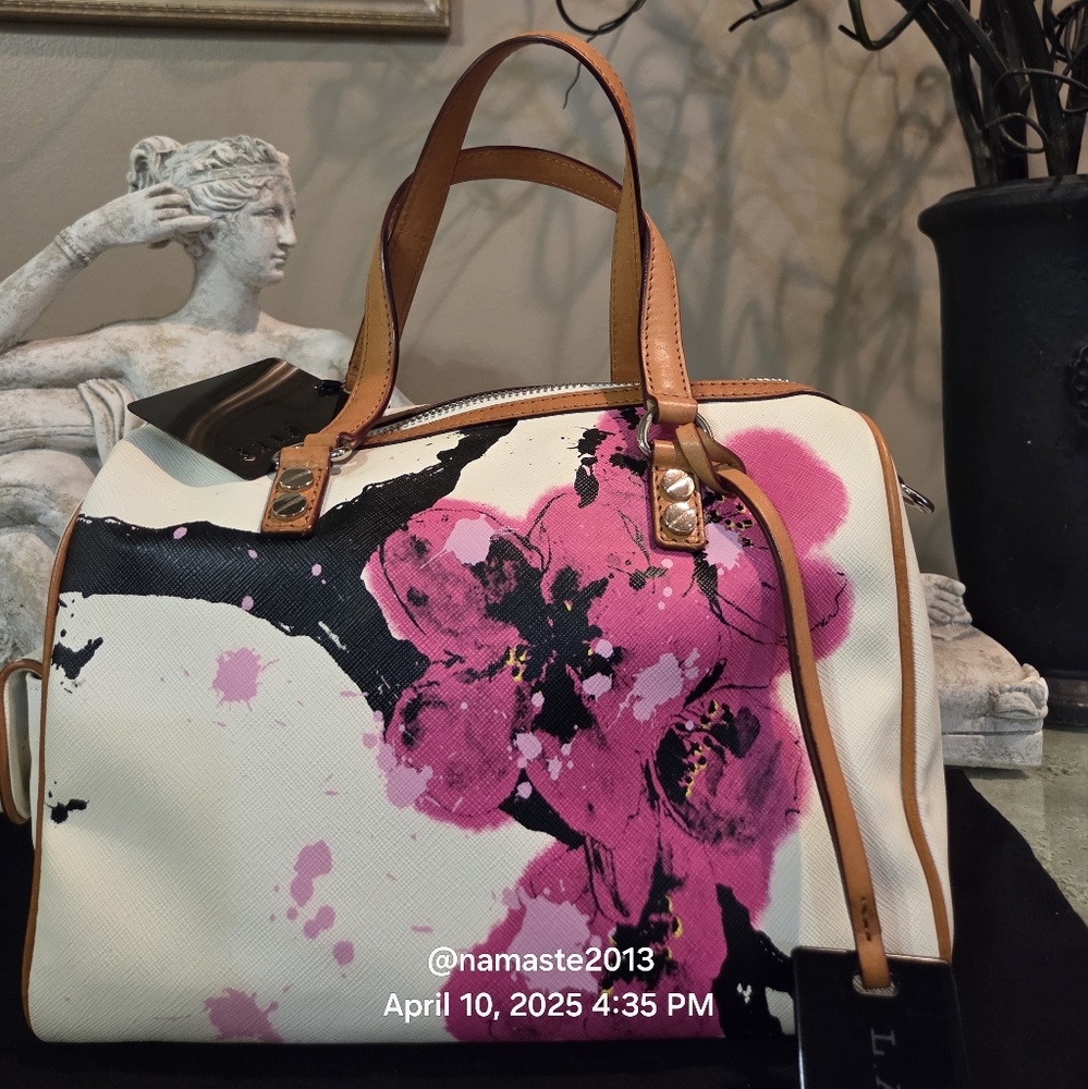 L.A.M.B. Gwen Stefani Cherry Blossom Satchel Leather Canvas Designer Vintage 121